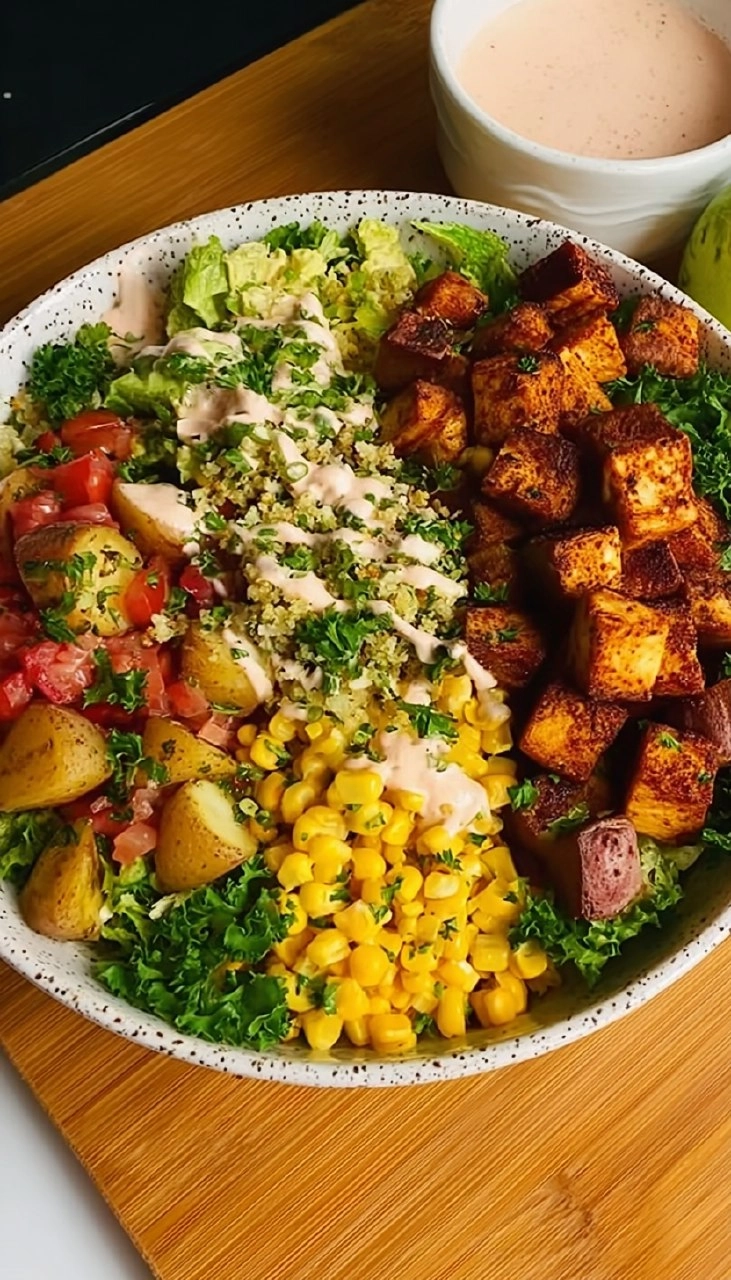 Kartoffel Hähnchen Bowl mit Mais Salat