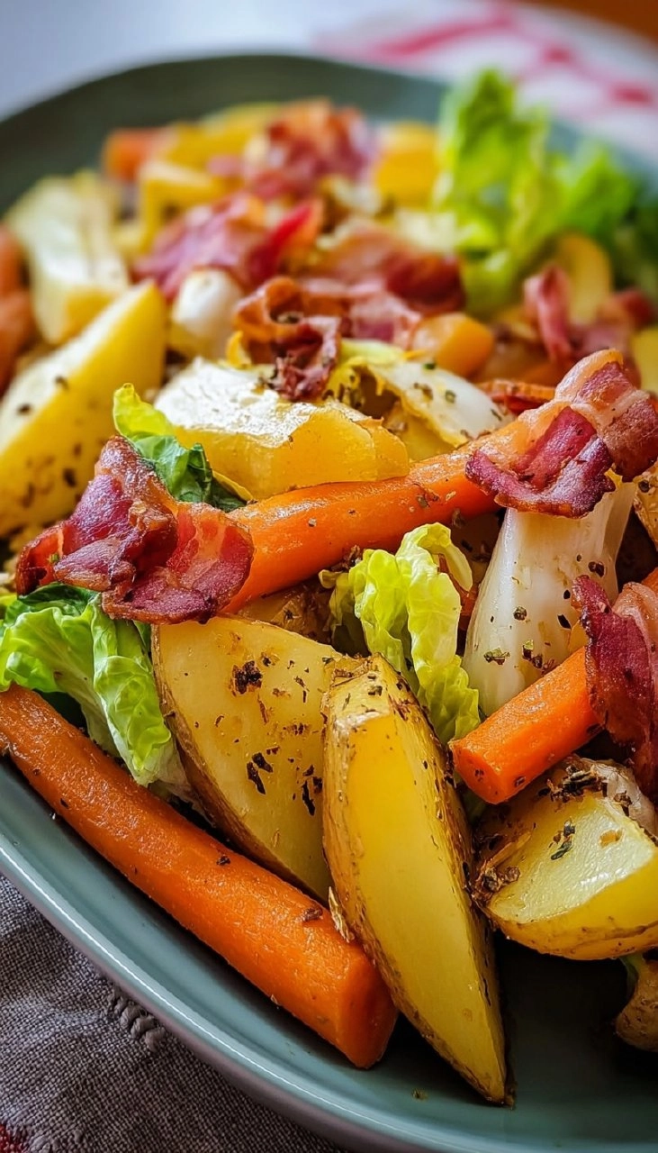 Ofenkartoffeln mit Speck, Endivie, Möhren & Pastinaken