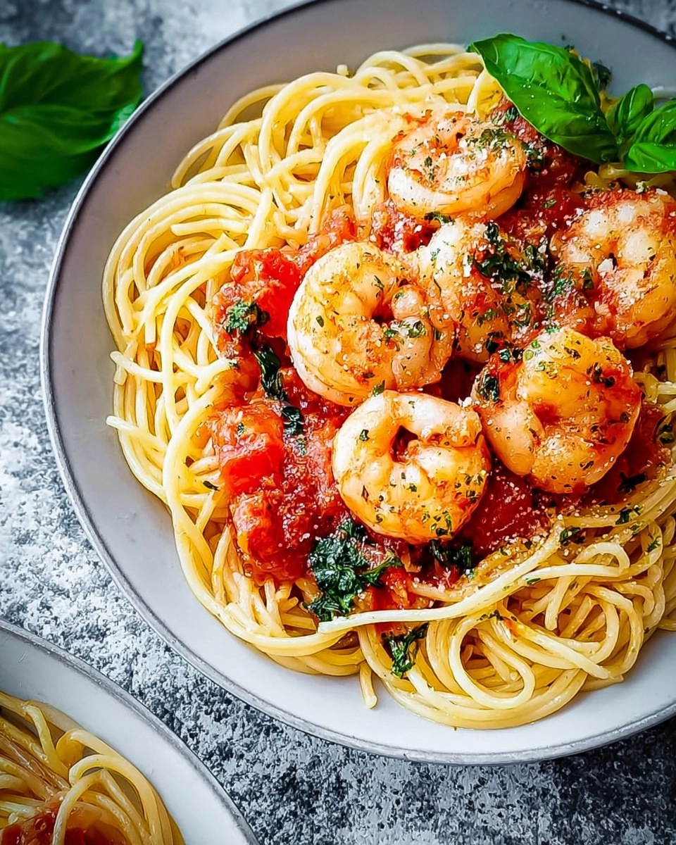 Knoblauch-Garnelen auf Spaghetti mit Tomatensauce