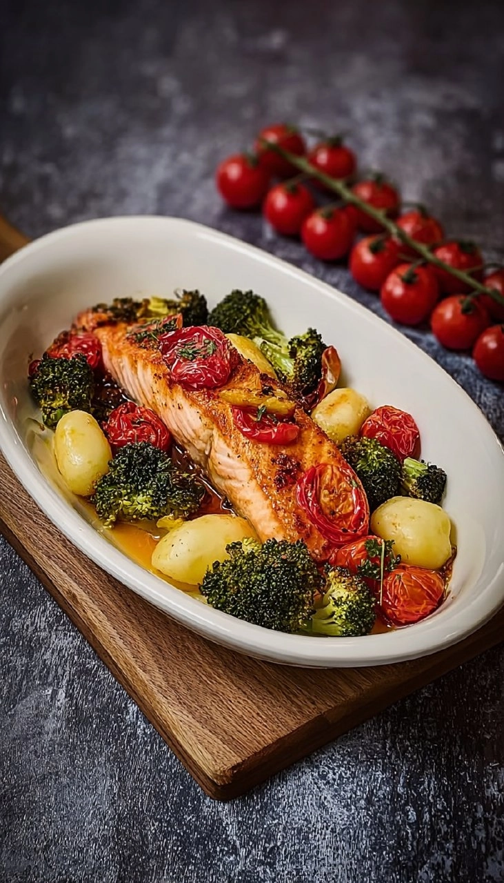 Lachs aus dem Airfryer mit Gnocchi, Brokkoli und Tomaten