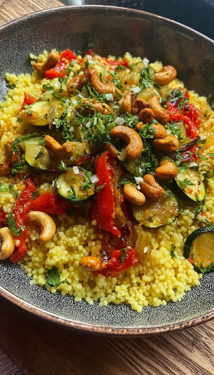 Zitroniger Couscous mit geröstetem Gemüse und Cashews