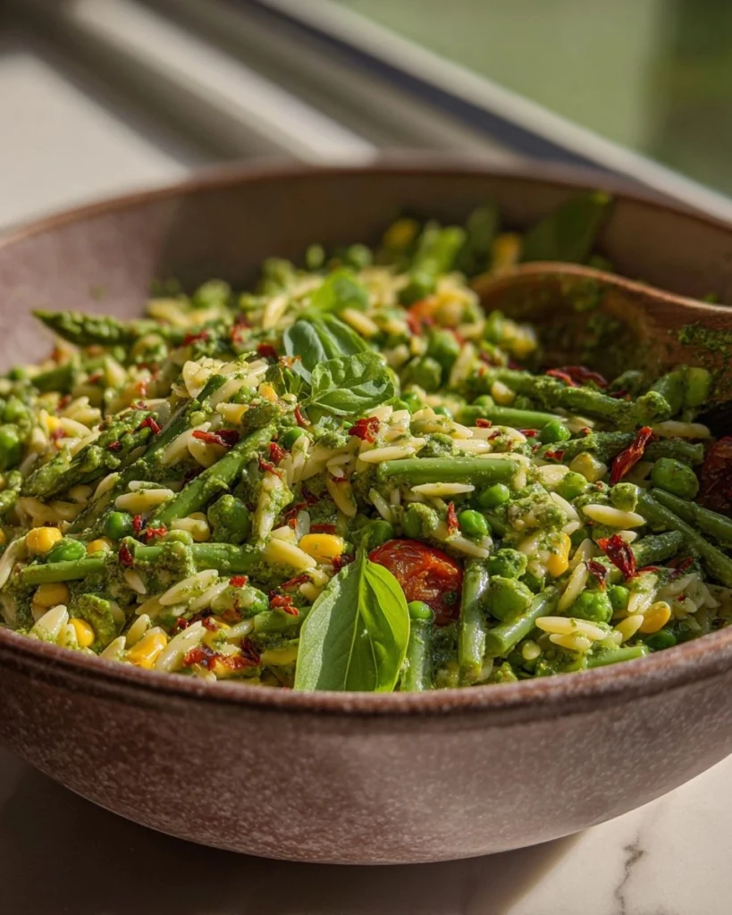 Fruhling-Orzo-Nudelsalat-mit-cremigem-Basilikum-Vinaigrette-Rezept