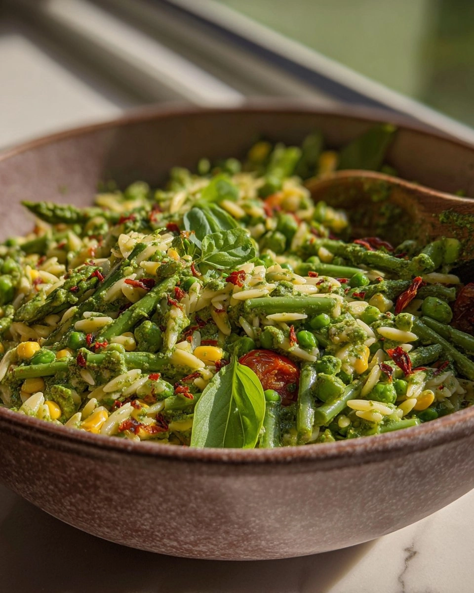 Frühling Orzo Nudelsalat mit cremigem Basilikum Vinaigrette