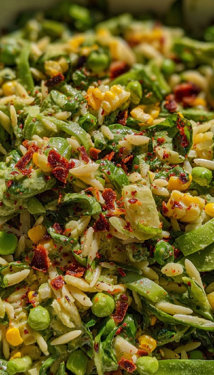 Frühling Orzo Nudelsalat mit cremigem Basilikum Vinaigrette